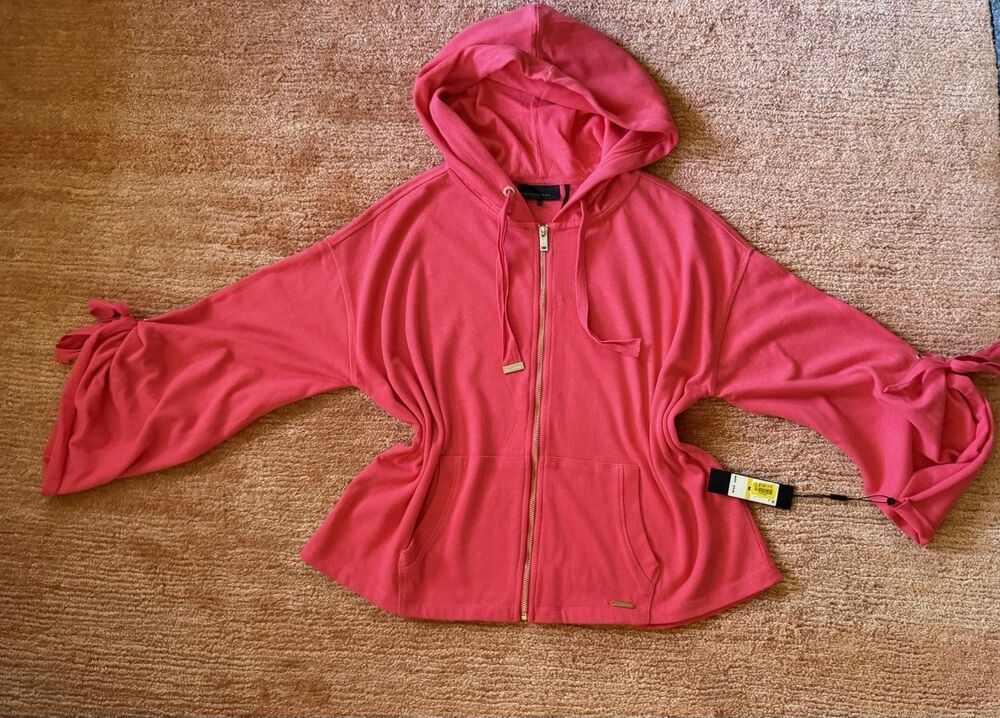 Donna Karan Active Pink Zip Hoodie Bell Sleeves Drawstring Cuffs Women’s M